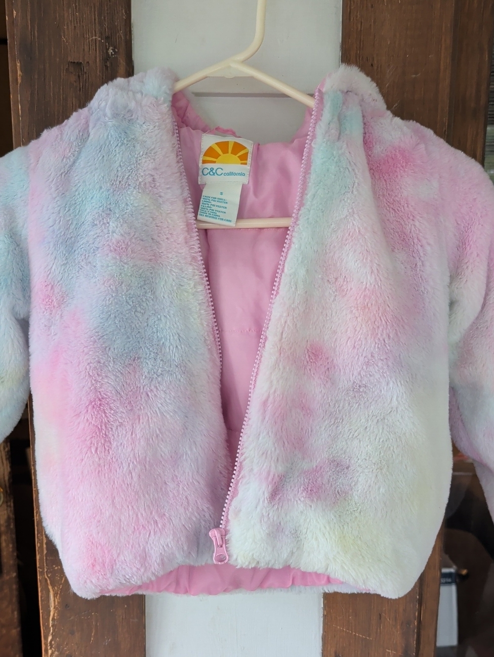 C&C California Kids' Pastel Faux Fur Jacket - Pink Multi Color/ Tye Dye Flair